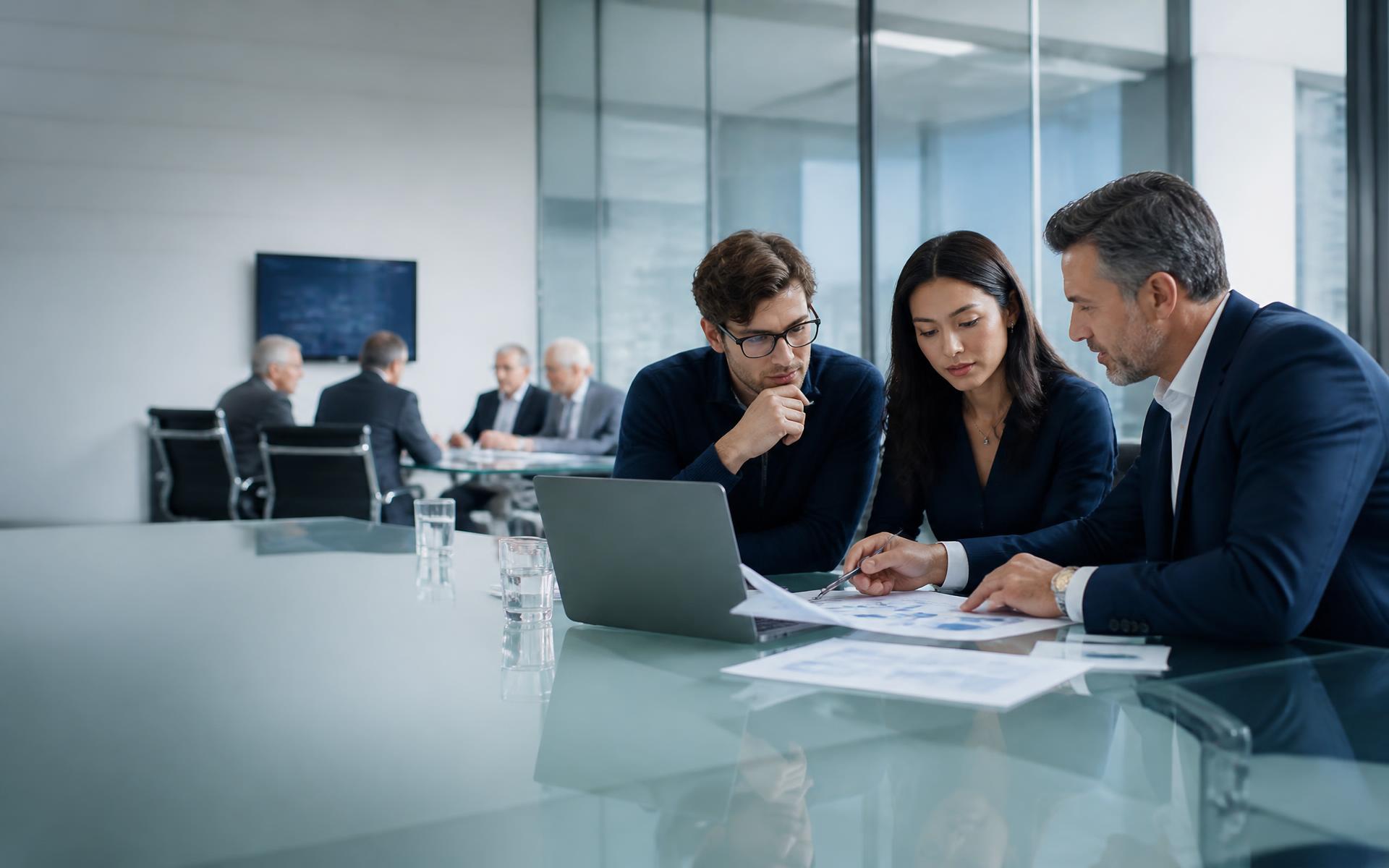 Startup founders and a CFO reviewing financial data during a board meeting